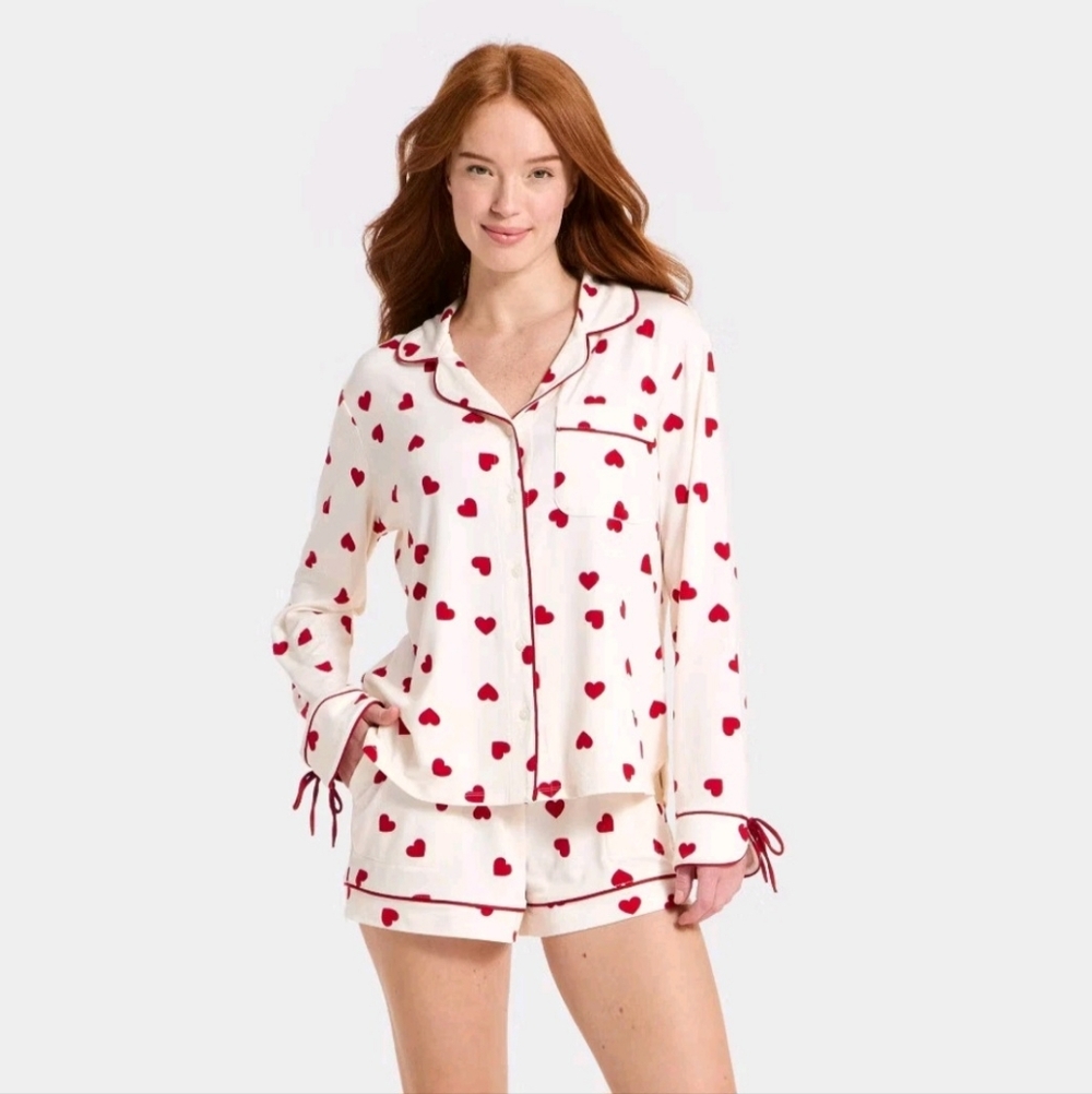 Auden Women's Jersey Long Sleeve Shirt and Shorts Pajama Set Hearts - Large NWT